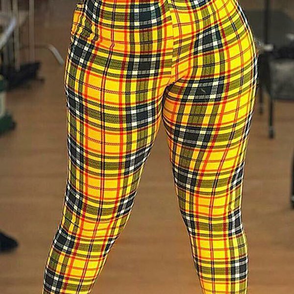 Lovely Casual Plaid Print Yellow Pants 2