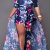 Lovely Chic Floral Print Deep Blue Ankle Length Plus Size Dress 3