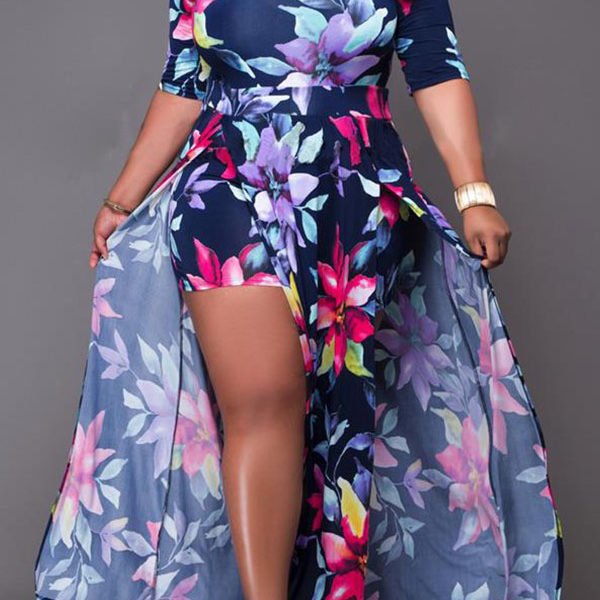 Lovely Chic Floral Print Deep Blue Ankle Length Plus Size Dress 2