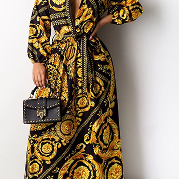 Lovely Party Print Loose Gold Maxi Dress 2