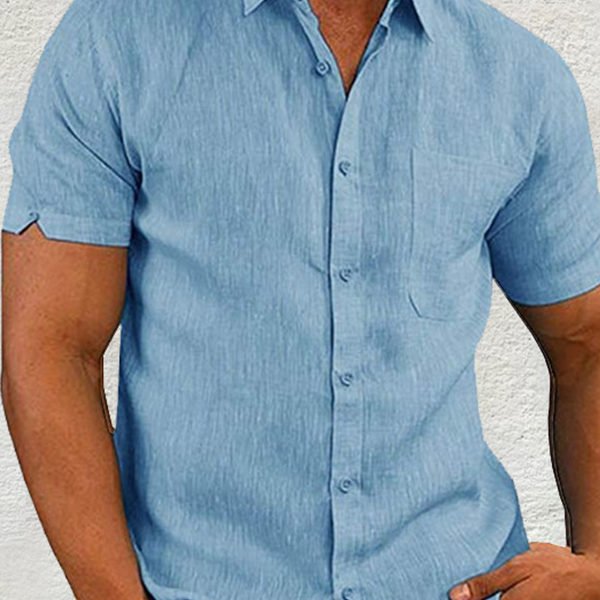 Lovely Casual Turndown Collar Short Sleeve Basic Blue Shirt 2