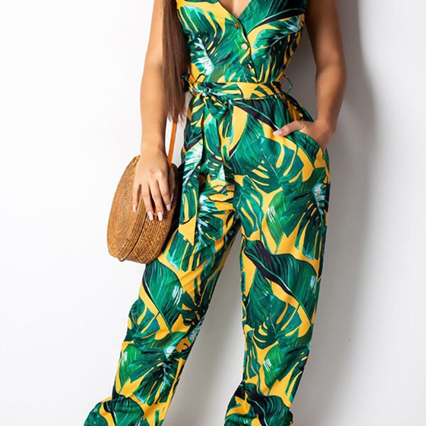 Lovely Chic Print Hollow-out Green One-piece Jumpsuit 2