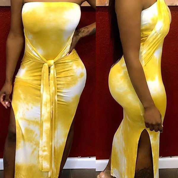 Lovely Chic Print Yellow Mid Calf Dress 2