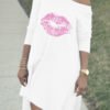 Lovely Chic Lip Print White Knee Length Dress 3