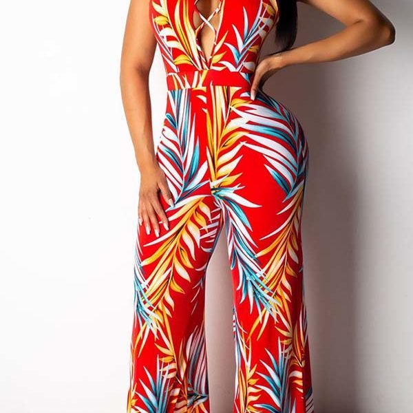 Lovely Work Print Basic Red One-piece Jumpsuit 2