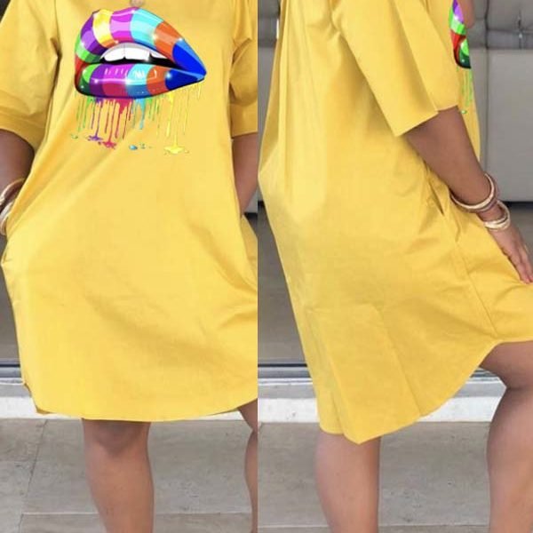 Lovely Casual Lip Print Yellow Knee Length Dress 2