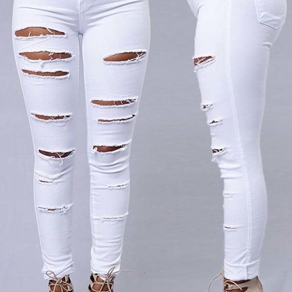 Lovely Casual Broken Hole White Pants 2