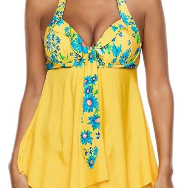 Lovely Casual Print Yellow Plus Size Two-piece Swimsuit 2