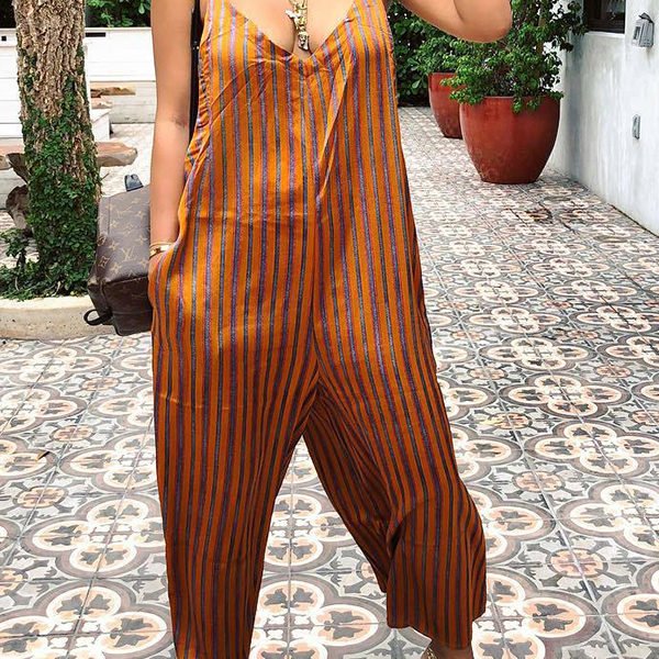 Lovely Sexy Striped Brown Jumpsuit 2