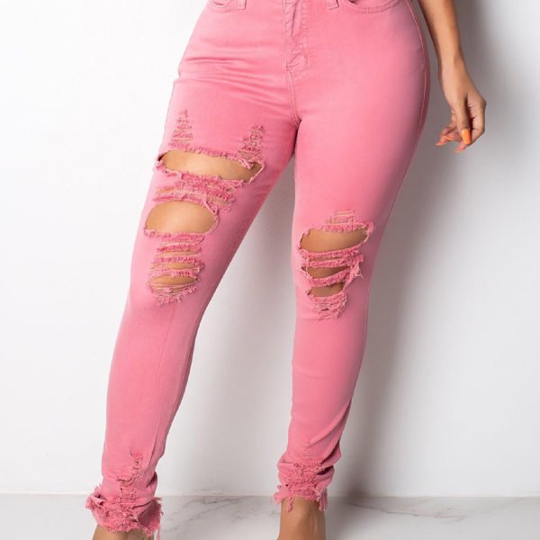 Lovely Trendy Broken Holes Pink Jeans 2