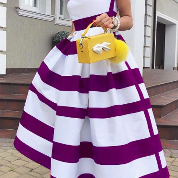 Lovely Casual Striped Print Purple Mid Calf Dress 2