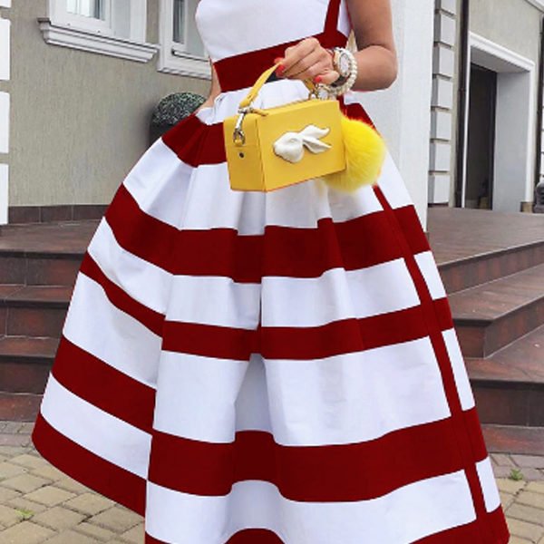 Lovely Casual Striped Print Red Mid Calf Dress 2