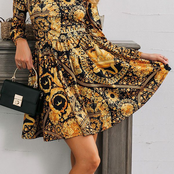 Lovely Casual O Neck Print Gold Mini Dress 2