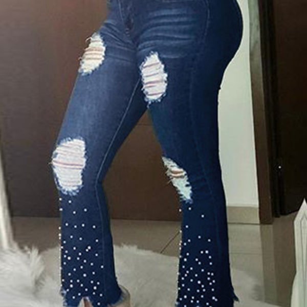 Lovely Trendy Hollow-out Deep Blue Jeans 2
