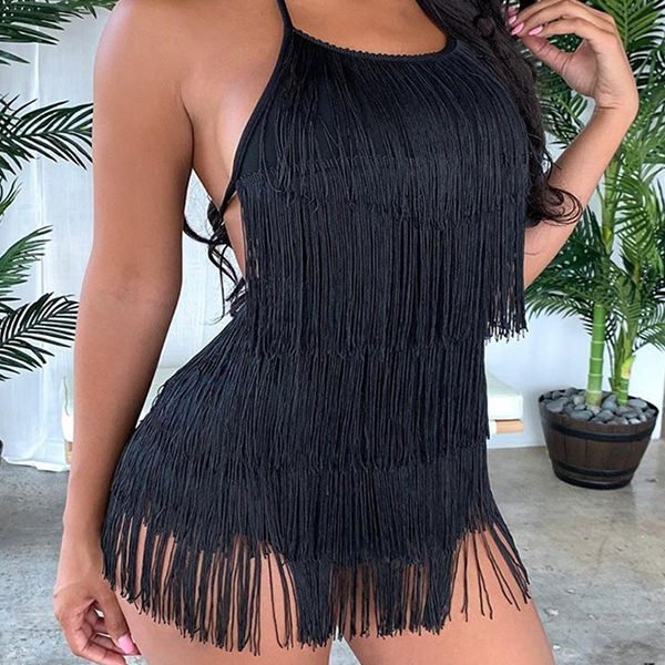 Lovely Casual Tassel Design Black One-piece Romper 2