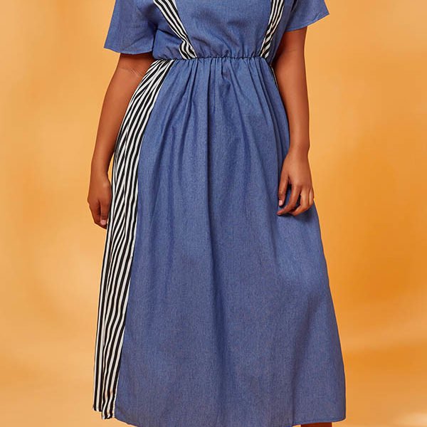 Lovely Casual Patchwork Striped Blue Ankle Length Plus Size Dress 2