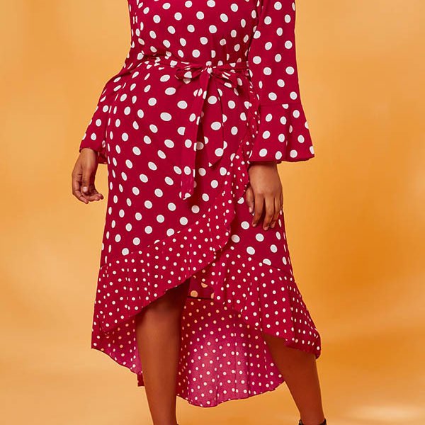 Lovely Casual Dot Print Red Mid Calf Plus Size Dress 2