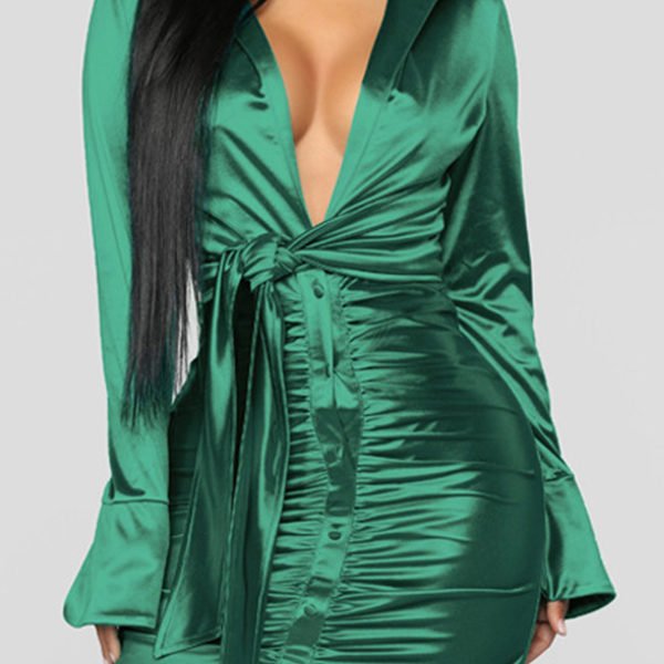 Lovely Trendy Deep V Neck Fold Design Green Mini Dress 2