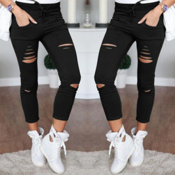 Lovely Casual Hollow-out Skinny Black Pants 2
