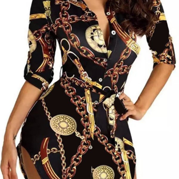 Lovely Casual Turndown Collar Print Black Mini Dress 2