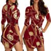 Lovely Casual Turndown Collar Print Wine Red Mini Dress 3