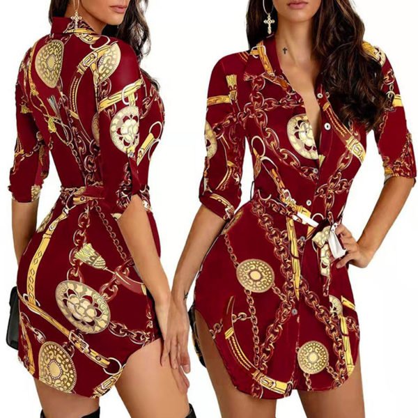 Lovely Casual Turndown Collar Print Wine Red Mini Dress 2