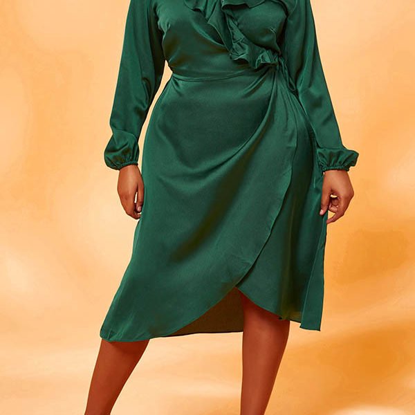 Lovely Chic Flounce Design Army Green Knee Length Plus Size Dress 2