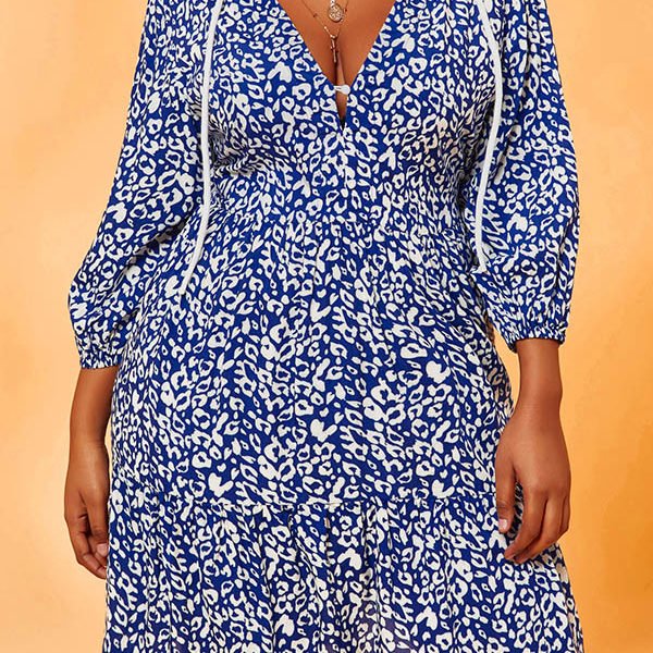 Lovely Chic Print Drawstring Blue Knee Length Plus Size Dress 2