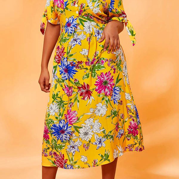 Lovely Chic Print Yellow Blue Knee Length Plus Size Dress 2