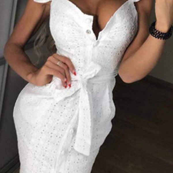 Lovely Sweet Lace Flounce White Knee Length Dress 2