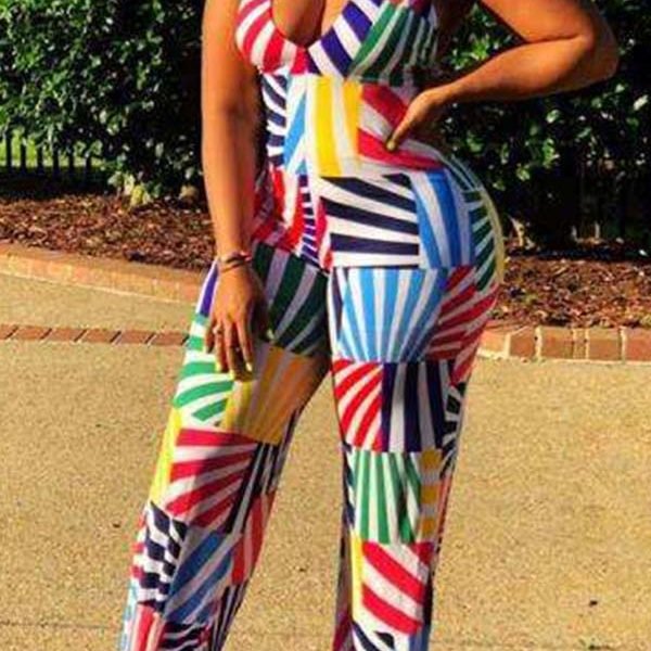 Lovely Chic V Neck Print Multicolor One-piece Jumpsuit 2