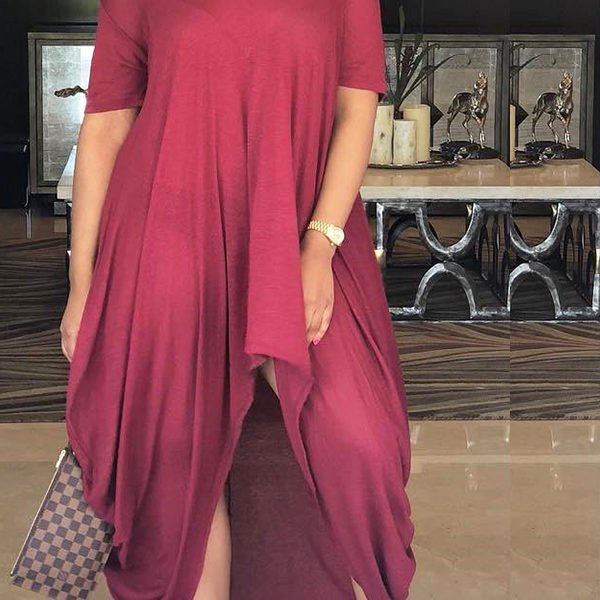Lovely Chic Asymmetrical Loose Wine Red Maxi Dress 2