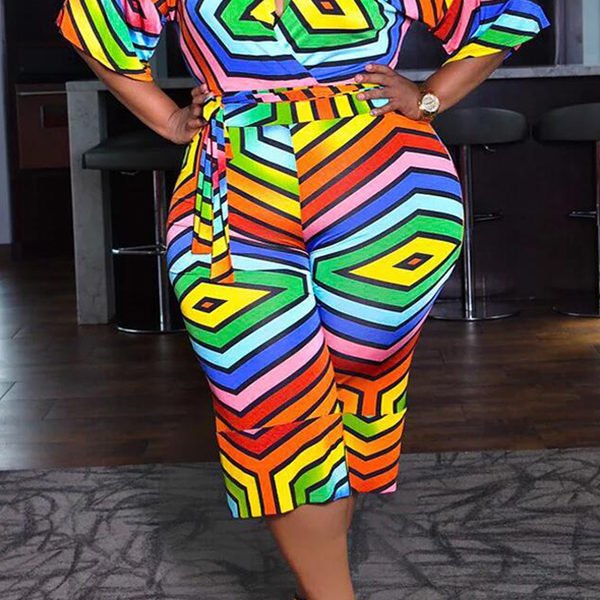 Lovely Trendy Rainbow Print Multicolor Plus Size One-piece Jumpsuit 2