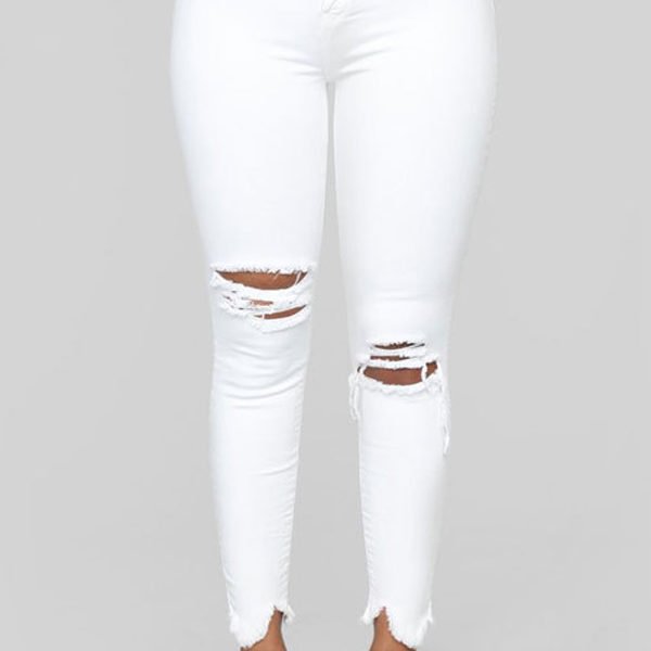 Lovely Casual Broken Holes White Jeans 2