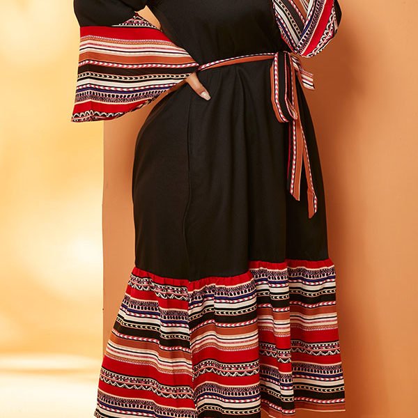 Lovely Casual Patchwork Black Mid Calf Plus Size Dress 2