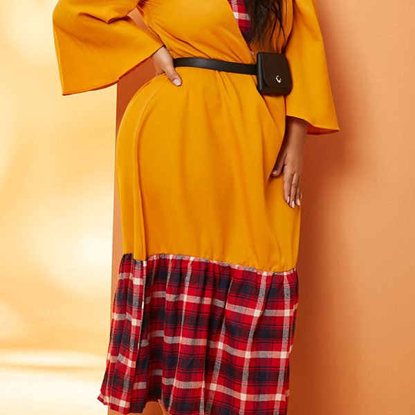Lovely Casual Patchwork Yellow Ankle Length Plus Size Dress 2