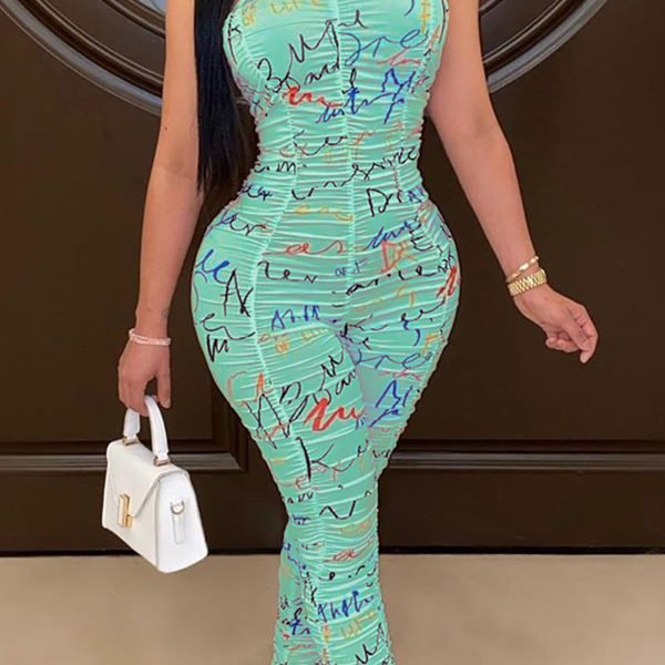 Lovely Chic Dew Shoulder Print Green One-piece Jumpsuit 2