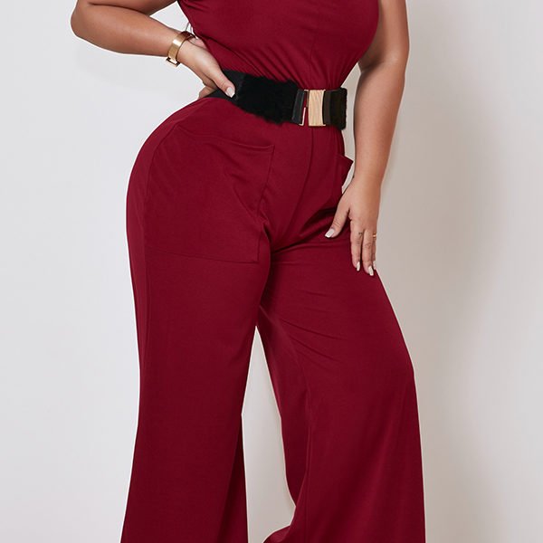 Lovely Casual Pocket Patched Wine Red Plus Size One-piece Jumpsuit 2