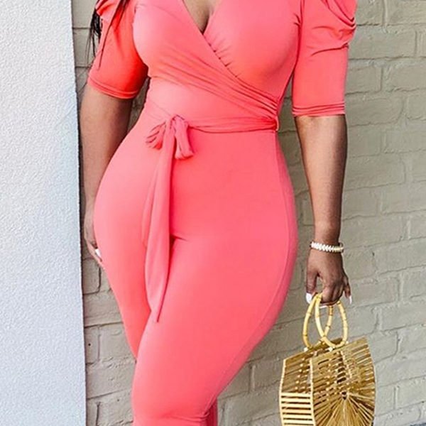 Lovely Leisure Lace-up Pink One-piece Jumpsuit 2