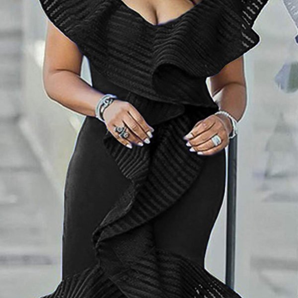 Lovely Trendy Flounce Design Black Mid Calf Dress 2
