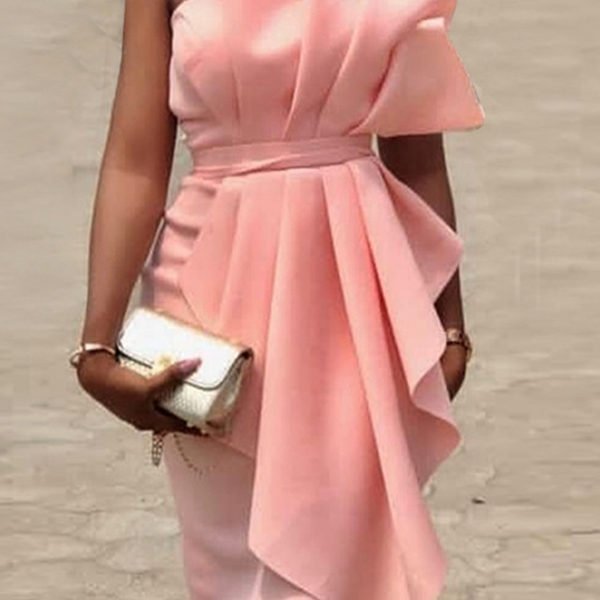 Lovely Sweet Flounce Design Pink Mid Calf Dress 2
