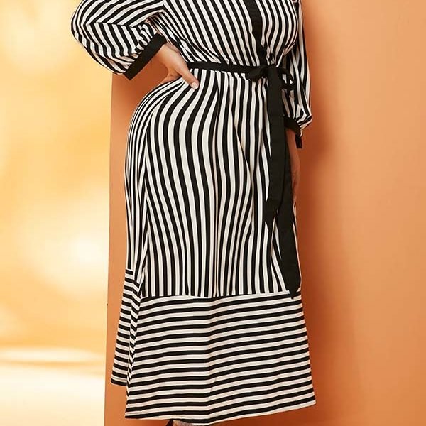 Lovely Leisure Striped Print Black Ankle Length Plus Size Dress 2