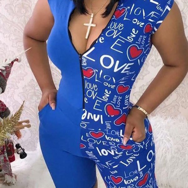 Lovely Casual Patchwork Blue One-piece Romper 2