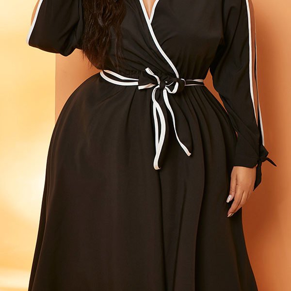 Lovely Casual Lace-up Black Knee Length Plus Size Dress 2