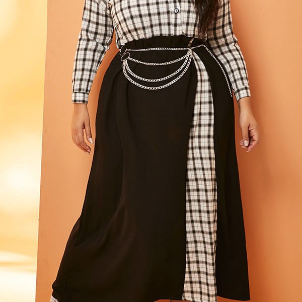 Lovely Trendy Grid Print Black And White Mid Calf Plus Size Dress 2