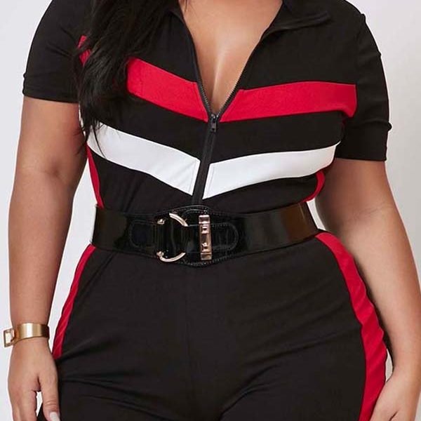 Lovely Casual Patchwork Black Plus Size One-piece Romper 2