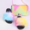 Women Fur Slippers Fluffy Fox Fur Sandals PVC Rainbow Jelly Handbag Set Furry Fluffy Fur Slides 3