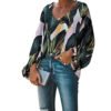 2020 New Arrival Fashion Green Boho Print Balloon Sleeve V Neck Ladies' Blouses & Tops Women Clothing 3