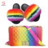 Hot sale set Fashion Soft Wide varieties rainbow fur slides colorful fur slippers women bag 3