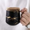 Popular design custom logo golden handle shiny black ceramic marble coffee mugs with bamboo lid 3